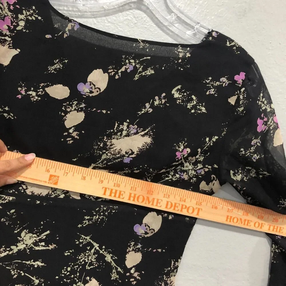 ann taylor 100% silk top xs small black leaves splat sheer chiffon dressy chic - Picture 13 of 14